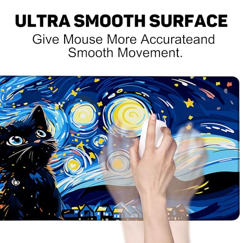 Starry Night Cat Gaming Mouse Pad Large Desk Mat Extended Keyboard Anime Mousepad with Non-Slip Base and Stitched Edge for Desk Home Office Gaming,31.5 x 11.8 Inch - color: Starry Night Cat, size: 11.8*31.5inch