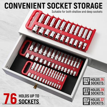 Reniteco Magnetic Socket Organizer Set, 3 Pcs Blue Portable Heavy Duty Socket Rail Set: 1/4-Inch x 22 Pallets, 3/8-Inch x 28 Pallets, 1/2-Inch x 26 Pallets, Hold 76 Sockets - Fit Shallow&Deep Sockets - color: Red