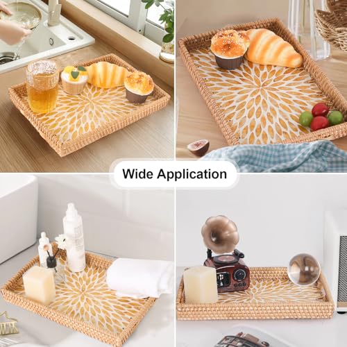 Rectangle Rattan Tray with Mother of Pearl Inlay, Rattan Serving Tray with Handle for Coffee, Bread, Fruits, Snacks, Decorative Wicker Tray for Table Decor (Rectangle Amber Leaf, 13"×9") - color: Amber Leaf