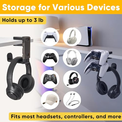 3 in 1 Under Desk Headphone Hanger with Adjustable Clamp Mount, 2 Controller Slots & 1 Headset Universal Holder Stand, Rotatable Hook Rack & Cable Organizer, for Home Gaming Xbox ps5 - Black - size: Black - 1 Headphone & 2 Controllers