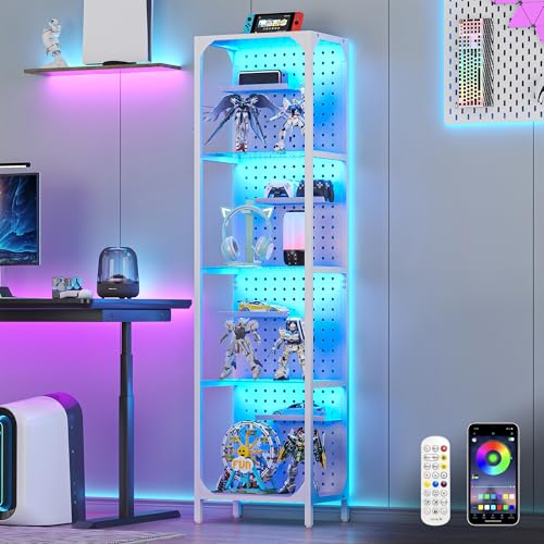 Saudism Glass Display Shelf for Collectibles, LED White Shelf, Curio Cabinet, Lighted Tall Narrow Shelf with Pegboard Steel Frame for Gaming Room, Floor Lamp with Shelves, Living Room, Bedroom (Small) - color: White, size: Small