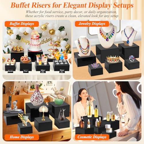 8Pcs Black Acrylic Buffet Risers with Mini Sign and Marker, Black Acrylic Risers for Party Catering Dessert Jewelry Collectibles with Hollow Bottoms Nesting Cube Box (9.5" 9" 8" 7.5" 6.8" 6" 5" 5") - color: 9.5"9" 8" 7.5" 6.8" 6" 5" 5"