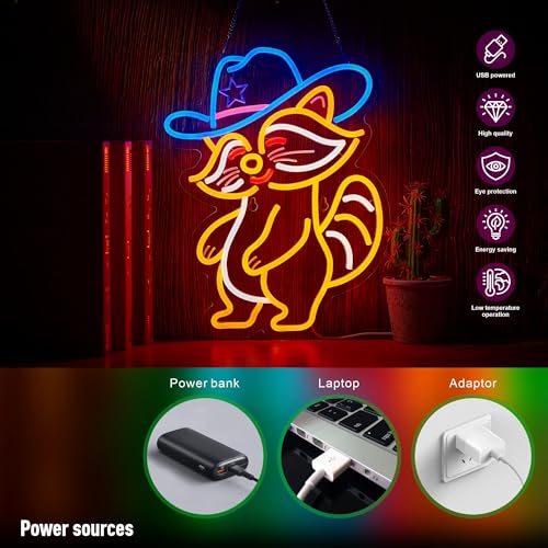 Cowboy Racoon Neon Sign Raccoon Neon Light Cowboy LED Sign USB Powered Dimmable Art Signs for Bar Pub Store Man Cave Kids Room 16.2 X 12.6 inch - color: Racoon Orange