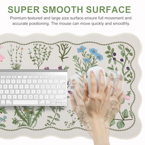 L-SPOUTTO Floral Mouse Pad,Botanical Desk Mat XXL Large Scalloped Gaming Mousepad,35.4x15.7in Non-Slip Keyboard Pad Waterproof Desktop Mat for Laptop Computer Work Game Home Office-Flowers Plants - color: Botanical Flowers Beige