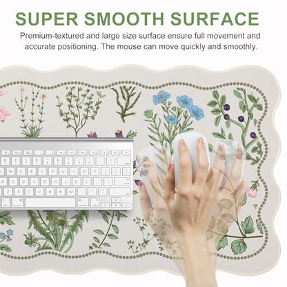 L-SPOUTTO Floral Mouse Pad,Botanical Desk Mat XXL Large Scalloped Gaming Mousepad,35.4x15.7in Non-Slip Keyboard Pad Waterproof Desktop Mat for Laptop Computer Work Game Home Office-Flowers Plants - color: Botanical Flowers Beige