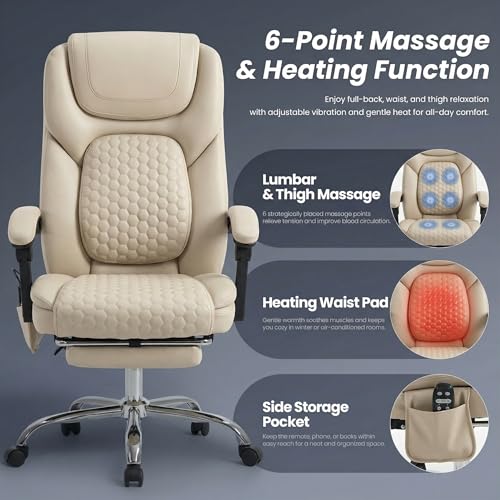 MALOL Massage Office Chair with 3-Level Heat and Footrest – 20-Min Easy Assembly, 300 lbs Big and Tall Reclining Desk Chair, PU Leather Ergonomic Executive Computer Chair with Side Pocket, Beige - color: Beige, size: Set of 1, style: Modern