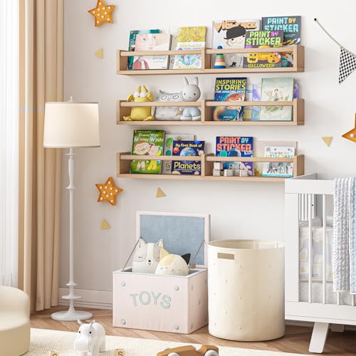 Fixwal Nursery Bookshelves, 32in Floating Bookshelves for Wall Set of 3, Wood Wall Mounted Floating Shelves for Baby Nursery Decor and Toys Storage (Natural Wood) - color: Natural, size: 32inches