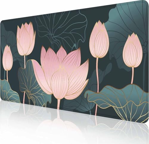 Large Gaming Mouse Pad with Stitched Edges, Lotus Flowers Desk Mat, Extended XL Keyboard Pad, Non-Slip Rubber Base Desk Pad for Keyboard and Mouse, 35.4X15.7 inch - color: Lotus Flowers, size: 35.4L x 15.7W inches