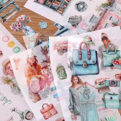 Scrapbooking Stickers 20 Sheets Pre-Cut 200 washi Stickers PET People Sticker Books for journaling Scrapbook Supplies Transparent Journal Sticker - color: Cyan