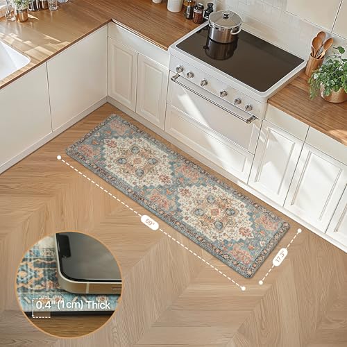 GENIMO Kitchen Mats for Floor, Washable Anti Fatigue Mat for Cushioned, 17.3"x59", Waterproof Kitchen Rugs, Non Slip Foam Comfort Standing Mat Rug for Home, Runner, Sink, Laundry, Blue&Salmon - color: Blue&salmon, size: 59"L x 17.3"W x 0.4"Th