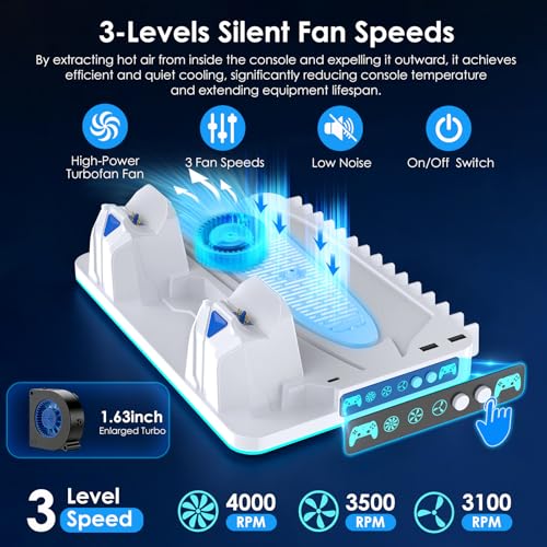 PS5/Slim/Pro Stand and Cooling Station with Dual Controller Charging Station for PlayStation 5 Console Disc & Digital, PS5 Controller Charger and Cooling Fan with Game Storage, Headset Holder