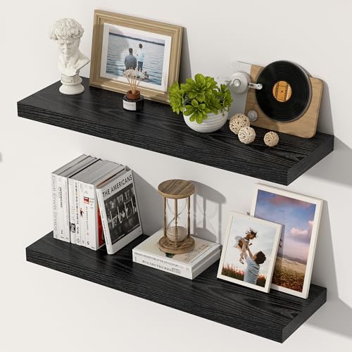 24 Inch Floating Shelves, 12 Inch Deep Floating Shelves for Wall, Extra Deeper & Thicker Wooden Wall Shelf with Invisible Brackets, Shelf for Bedroom Living Room Home Decor（Black, Set of 2） - color: Black, size: 24"W x 12"D x 2"H, Set of 2