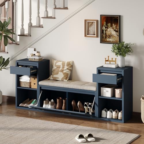 77.48" Entryway Storage Bench with Cushion, Drawers & Shelves, Antique Navy | 4-in-1 Hallway Bench with Drawers, Compartments & Open Shelves – Mudroom Shoe Storage, Entryway Organizer - color: Antique Navy