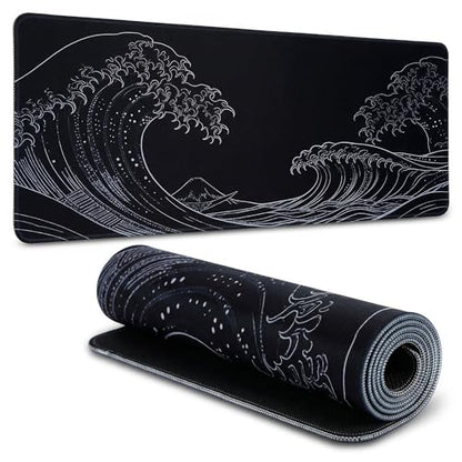 Large Gaming Mouse Pad 31.5x11.8 inch, 3mm Thick Non-Slip Rubber Base with Stitched Edges, Japanese Wave Style Desk Mat for Office, Home, Game