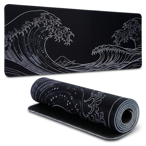 Large Gaming Mouse Pad 31.5x11.8 inch, 3mm Thick Non-Slip Rubber Base with Stitched Edges, Japanese Wave Style Desk Mat for Office, Home, Game