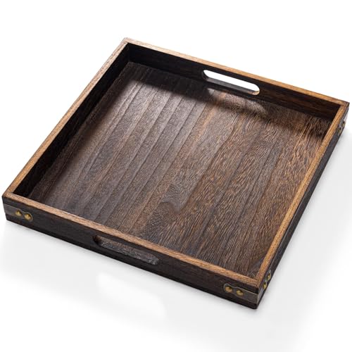 Serving Tray with Handles,12.75"*12.75"Wood Decorative Tray for Living Room,Modern Coffee Table Tray,Square Large Serving Platters for Home Decor,Ottoman,Bed,Kitchen,Bathroom, Breakfast,Bar - size: 13" x 13" x 1.8"