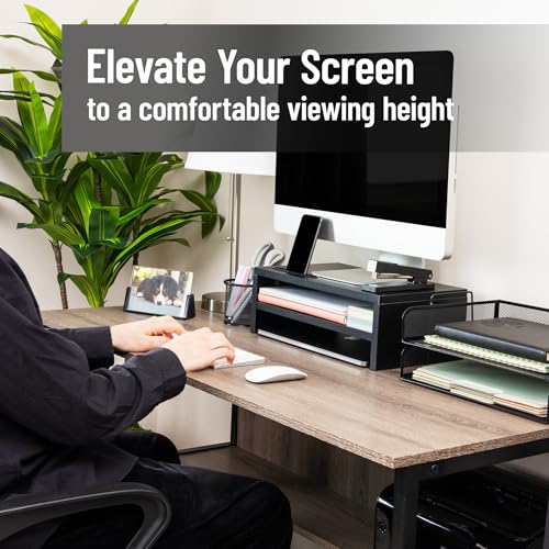 Mind Reader Monitor Stand with Phone Slot and Storage Shelf, Desktop Riser, 88 lb Capacity, MDF Wood, Black
