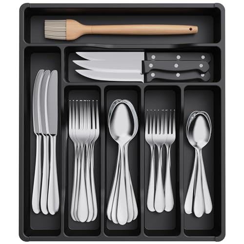 Lifewit Silverware Drawer Organizer Tray, Plastic Cutlery Storage for Kitchen, Flatware and Utensil Holder Divider for Spoons Forks Knives Tableware, 12.3 x 14.2", 7 Slots, Black - color: Black, size: 12.3 x 14.2 inch (7 Slots)