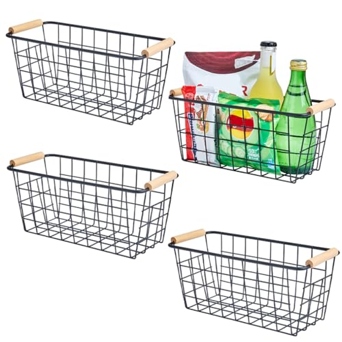Black Metal Hanging Baskets with Handle, Wire Wall Storage Organizer with Hooks, Adhesive baskets for Kitchen, Bathroom, Pantry,Spice Rack, Cabinet Organizer, Shower Caddy 4-Pack - size: 4 Pack