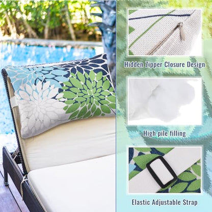 Juexica 2 Pack Chaise Lounge Pillow with Strap Outdoor Waterproof Beach Chair Neck Headrest Pillow Adjustable Elastic Band for Hammock Lumbar Recliner Pillows for Patio Pool Chair(Floral Style) - style: Floral Style