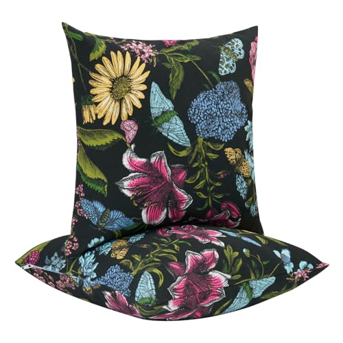 Water Resistant Outdoor Throw Pillow Covers 18x18 inch Set of 2,Zipper Pillows Cover,Home Decorative for Sofa Headrest,Patio Furniture Couch Chair Pillows Cover Only(Flower Butterfly Black) - color: Flower Butterfly Black (Cover Only), size: 18" x 18" (Pa