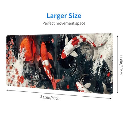 Koi Fish Large Mouse Pad,Gaming Keyboard Desk Pad,Extended Mouse Mat Non-Slip Rubber Base with Stitched Edges for Office Game Home XL 31.5"x11.8" - color: Koi Fish, size: 31.5L x 11.8W inches