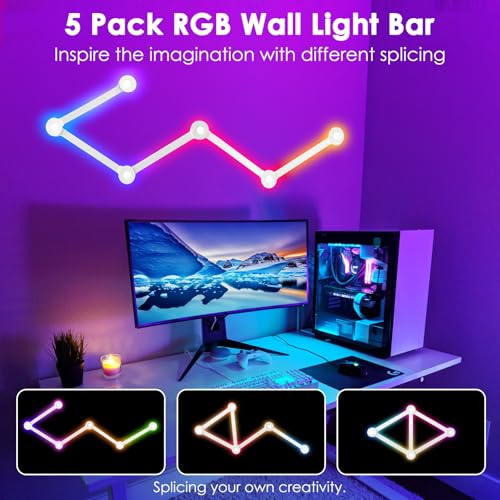 RGB Wall Light lines, Smart Gaming LED Lights DIY Geometry Splicing Gaming Wall Light Bar, Backlit Modular APP Control Colour Changing for Game Room,Bedroom,Home Decor Lights (5 Lines, White)