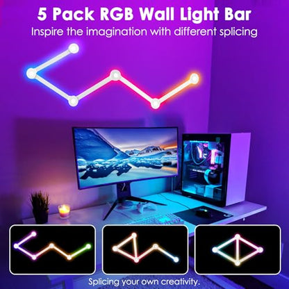RGB Wall Light lines, Smart Gaming LED Lights DIY Geometry Splicing Gaming Wall Light Bar, Backlit Modular APP Control Colour Changing for Game Room,Bedroom,Home Decor Lights (5 Lines, White)