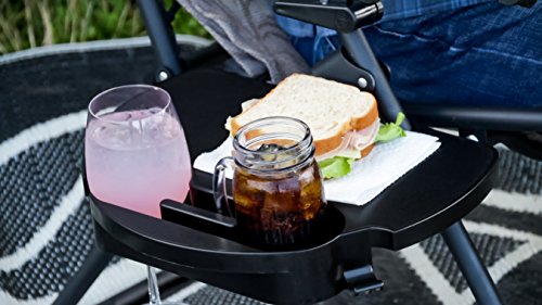 Camco Zero Gravity Chair Tray – Clip‑On Side Table w/Cup Holders, Stemmed Glass Slot, Non‑Slip Textured Surface, Drainage Holes & Bag Hook – Fits up to 7/8” Frames – Durable Polymer, Black (51834)