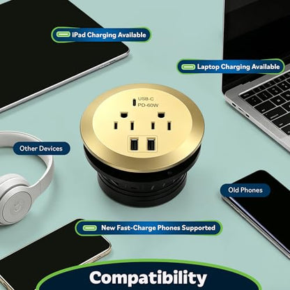 TOPGREENER GaN Desk Grommet with 65W PD for MacBook, Desktop Power Grommet with 1 Fast Charging USB-C Port, 2 USB-A Ports and Duplex Receptacles, TTRP48APD60-GD, Gold - color: Gold