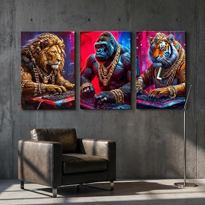 Game Room Decor Gaming Posters Video Game Wall Art Prints Set of 3 Cool Cyberpunk Animal Painting Pictures Gamer Wall Decor for Boy Teen Men Bedroom Bathroom Playroom 12x16in Framed - size: Framed12X 16Inchesx3