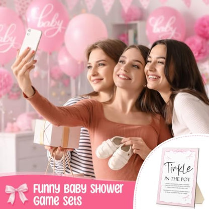 Tatuo 71 Baby Shower Game Sign Wooden Baby Shower Tinkle in the Pot Game Sign Gender Reveal Party Favors 20 Table Tennis Balls 50 Balloon Latex Balloon(Bow,Pink) - color: Pink, style: Bow