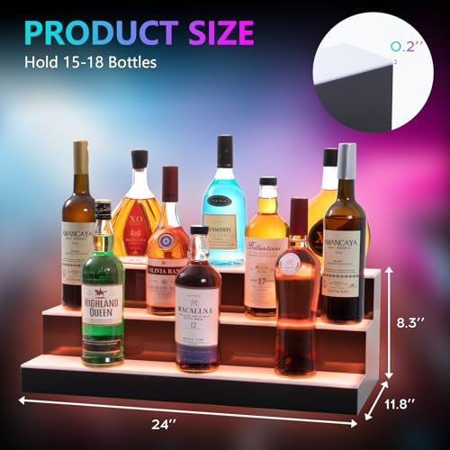 Led Lighted Liquor Bottle Display Shelf, 24 Inch 3 Tier Whiskey Rack, Support USB, Bar Stand with RF Remote & App Control, Illuminated Acrylic Lighting Shelves for 21 Bottles, Home Bar, Party - size: 24" 3 step