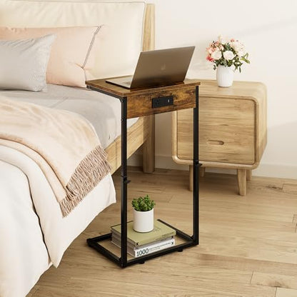 Vagusicc C Shaped End Table with Charging Station, Adjustable Height Side Table for Couch, Small Side Table, 33.2'' Tall Couch Tables that Slide Under, Tv Tray End Table for Living Room, Rustic Brown - color: Rustic Brown (1 Pack), style: With Plug