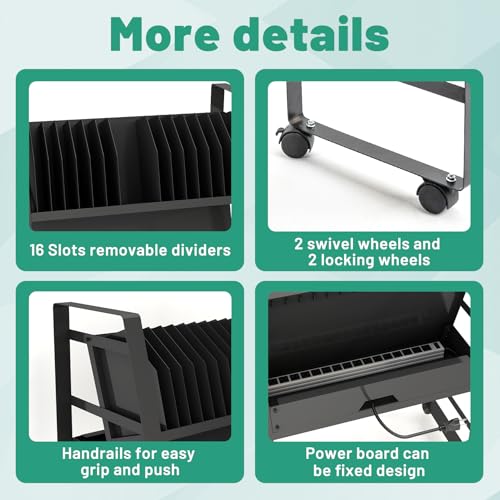 Black Mobile Open Storage Cart with Wheels and 16 Devices for iPads,Chromebooks & Laptop Computers,Removable Dividers,Office,Surge Protection Station Rack