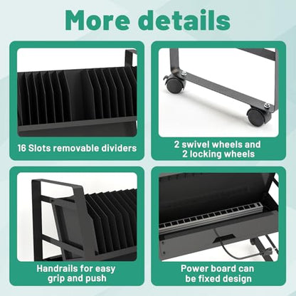 Black Mobile Open Storage Cart with Wheels and 16 Devices for iPads,Chromebooks & Laptop Computers,Removable Dividers,Office,Surge Protection Station Rack