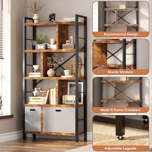 Armocity Bookshelf with Drawers - 5 Tier Tall Bookcase Geometric Modern Book Shelf Display Standing Bookshelves with Storage for Living Room, Bedroom Home Office, Rustic Brown - color: Rustic Brown