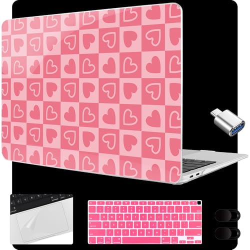 MEEgoodo for MacBook Air 13.3 inch Case 2021 2020 2019 2018 A2337 M1 A2179 A1932, Laptop Shell for MacBook Air M1 with Keyboard Webcam Cover & Trackpad Film & Type C Adapter,Hearts & Pink Checkered - color: Hearts & Pink Checkered