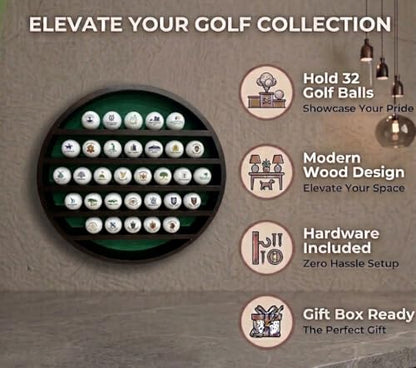 Golf Ball Display Case for 32 Balls – Modern Golf Decor ft. 18” Moon Shelf Design, Solid Wood, Wall Mounted, Dark Brown Finish – Golf Ball Holder & Display Cases for Collectibles