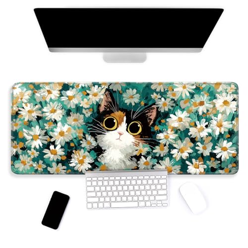 Large Mouse Pad, Big Gaming Mousepad, Desk Mat for Desktop, Thick Non-Slip Waterproof Rubber Base, Mouse Pads for Office, Computer, Keyboard, Laptop 31.5x11.8 in, Daisies Floral Cat - color: Daisies Floral Cat, size: 31.5" x 11.8"