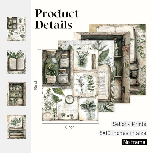Locomiss Vintage Plants Book Wall Art Posters, Reading Nook Corner Decor, Dark Academia Rustic Botanical Bookish Prints Posters for Farmhouse Library Reading Room Wall Decor, Set of 4 (8x10 Unframed) - color: plants, size: 8x10 Inches