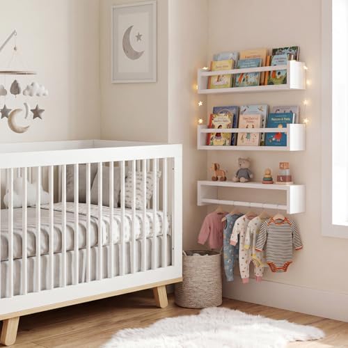 Fixwal Floating Bookshelves for Wall, 16.5 Inch Wood Nursery Book Shelves Set of 3, Baby Kids Decor, Solid Wood Wall Mounted Shelves for Books, Toys and Decor Storage (White) - color: White, size: 16.5inches