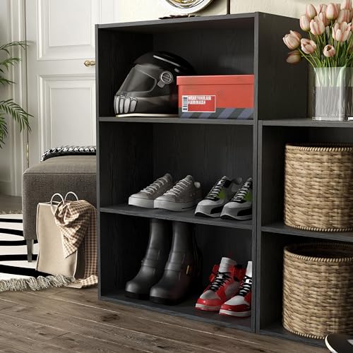 Homes: Inside + Out Apexa 3-Tier Cube Storage Organizer Shelves, Stackable Wood Bookcase Fits Cubby Bins for Organization, Dorm Teen Room Decor & Home Office, Black - color: Black, size: 3-tier