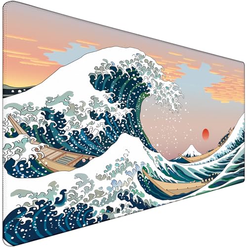 Japanese Large Mouse Pad, DeskMat Office Desk Pad, Extended Large MouseMat for PC, Stitched Edges Gamer Mousepad 31.5 X 15.7 Inch Long Mice Pad, Sunset Sea - color: Sunset Sea, size: 31.5" x 15.7"
