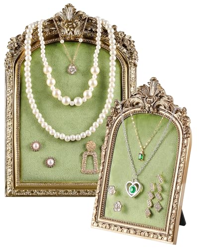 Wonderjune 2 Pcs Gold Jewelry Display Frame Vintage Jewelry Stand 10″, 7″ Resin Necklace Organizer Ring Holder Earring Tray for Photography Props Women Wedding Gifts(Green,Large,Small,Elegant) - color: Green, size: Large,Small, style: Elegant