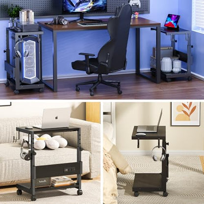 Computer Tower Stand with Charge Station and USB Charging Port - Height Adjustable PC Tower Stand, Under Desk CPU Holder Cart with Locking Caster Wheels for Fits Most PC - color: Black