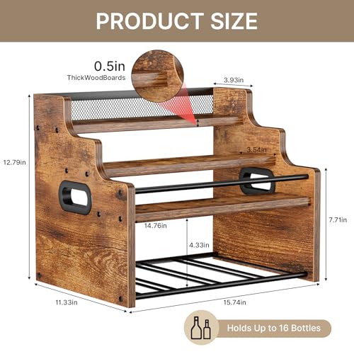 4-Tier Wood Display Shelf Wine Rack for 16 Bottles Wood Coffee Syrup Organizer with Handles Home Whiskey Shelf Retro Mini Liquor Cabinet Spice Rack Coffee Bar Shelves, Brown - color: Brown