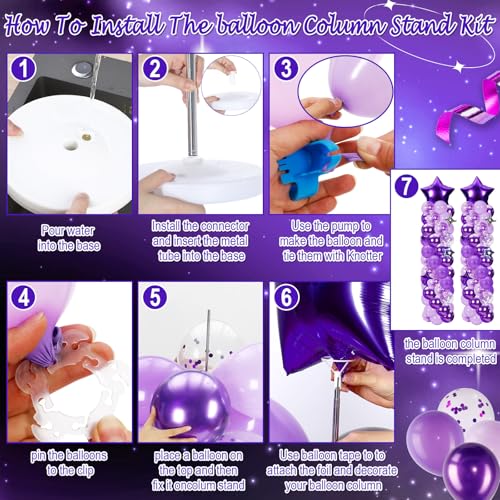 Gejoy 110 Pcs Purple Silver Balloons Column Stand Kit Adjustable Tower Stand from 1.4 to 6.6 ft with Bases for Back to School Wedding Birthday Baby Shower Party - color: Purple Silver