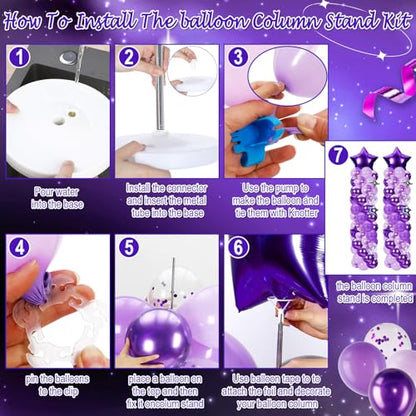 Gejoy 110 Pcs Purple Silver Balloons Column Stand Kit Adjustable Tower Stand from 1.4 to 6.6 ft with Bases for Back to School Wedding Birthday Baby Shower Party - color: Purple Silver