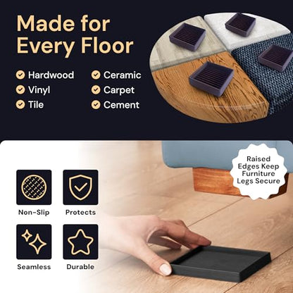 CasterMaster Square Caster Cups - 4 in Black, 4 Pack, Non-Slip | Heavy-duty rubber caster cups - Use for bed, sofa & chair legs on hardwood, stop sliding - color: Black, size: 4'' x 4'' (Pack of 4)